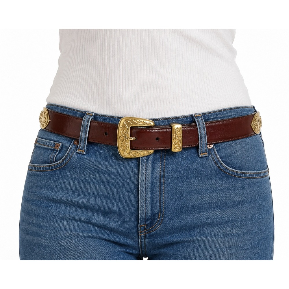 Fossil Leather Belt Womens Medium Brown Gold Filigree Western Boho Excellent‎